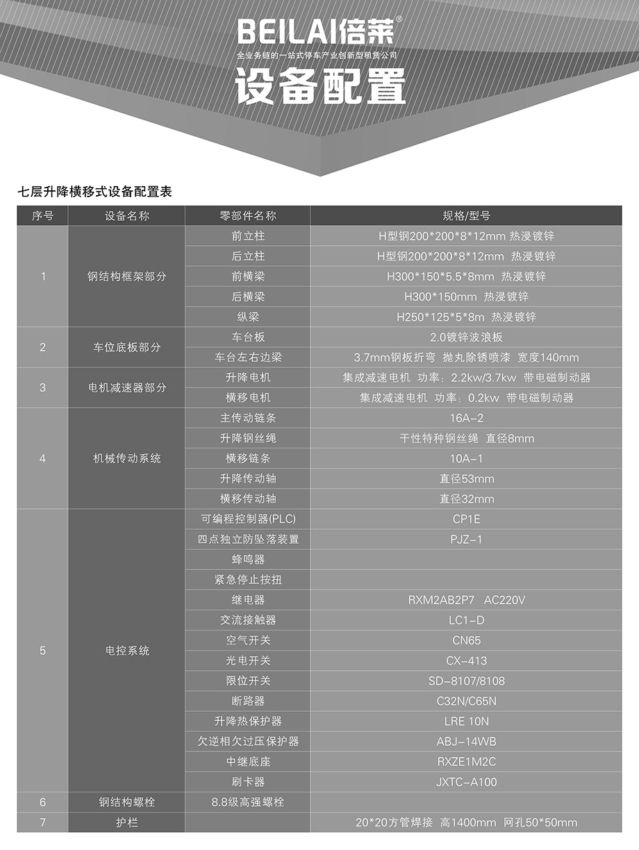 昆明PSH7七层升降横移机械立体停车库设备配置